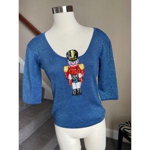 Blue sparkly little drummer boy ugly christmas sweater/top